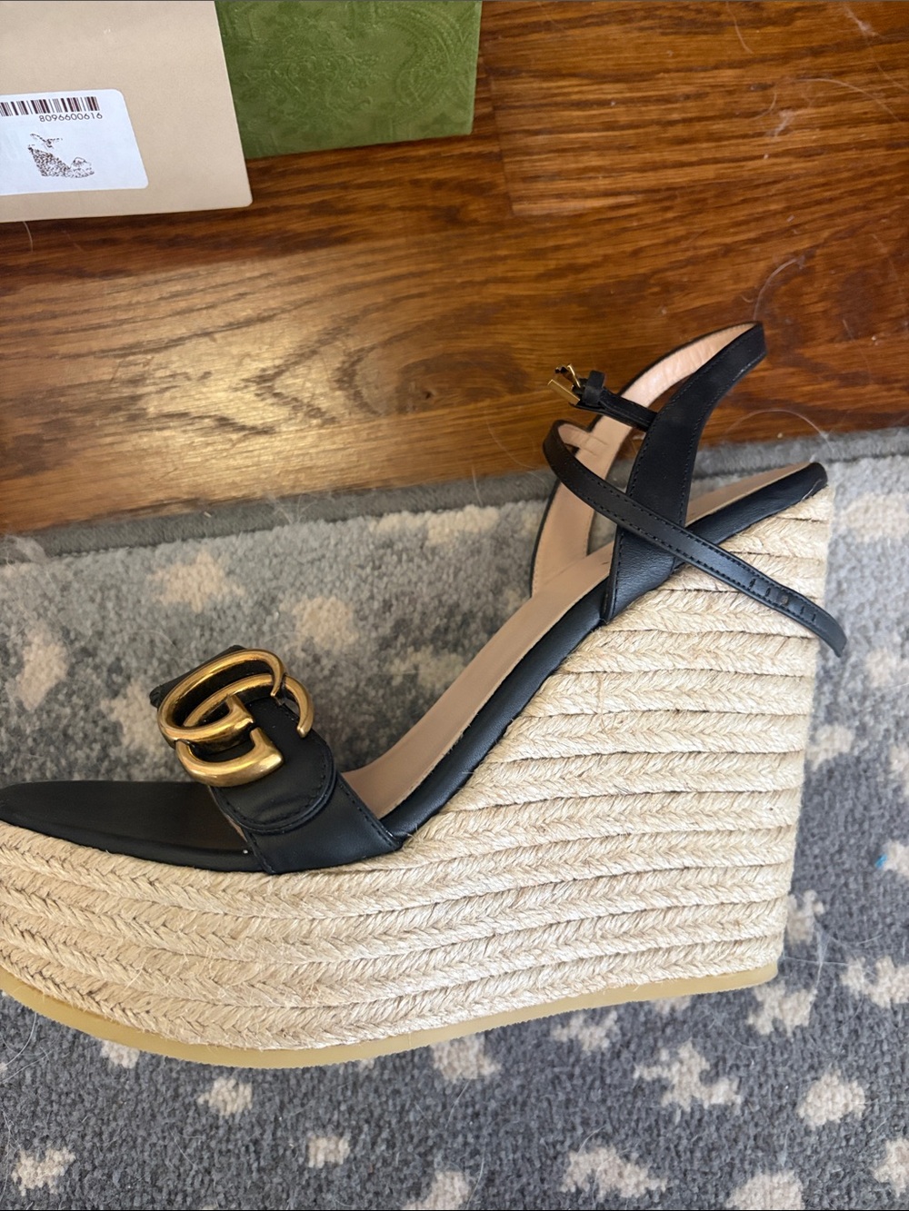 Gucci Black Wedge Espadrille Sandals with Gold Accent. Worn 2x